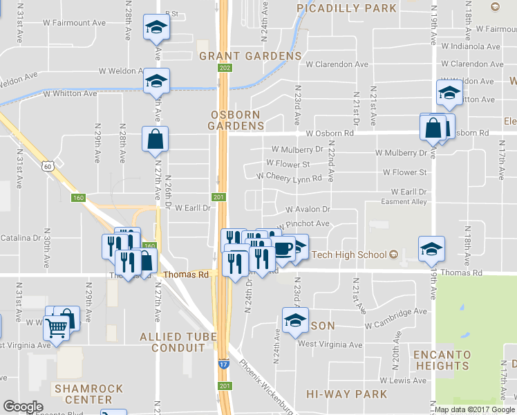 map of restaurants, bars, coffee shops, grocery stores, and more near 3049 North 24th Lane in Phoenix