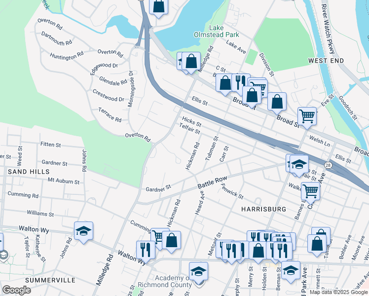 map of restaurants, bars, coffee shops, grocery stores, and more near 506 Beaufort Drive in Augusta