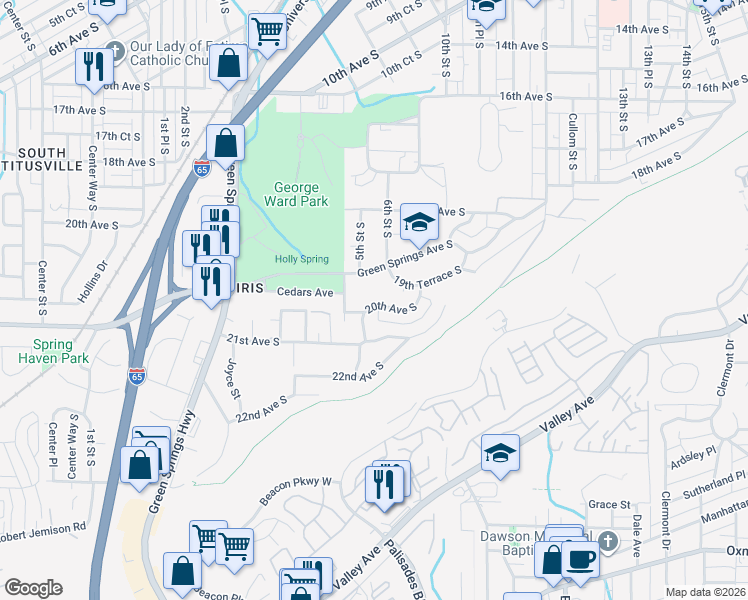 map of restaurants, bars, coffee shops, grocery stores, and more near 501 Green Springs Avenue South in Birmingham