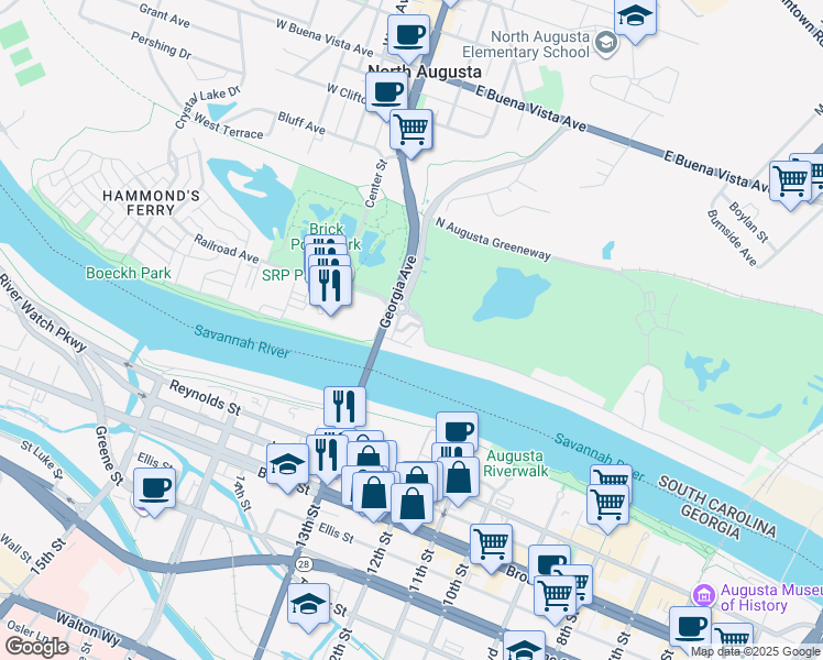 map of restaurants, bars, coffee shops, grocery stores, and more near 341 Landing Drive in North Augusta