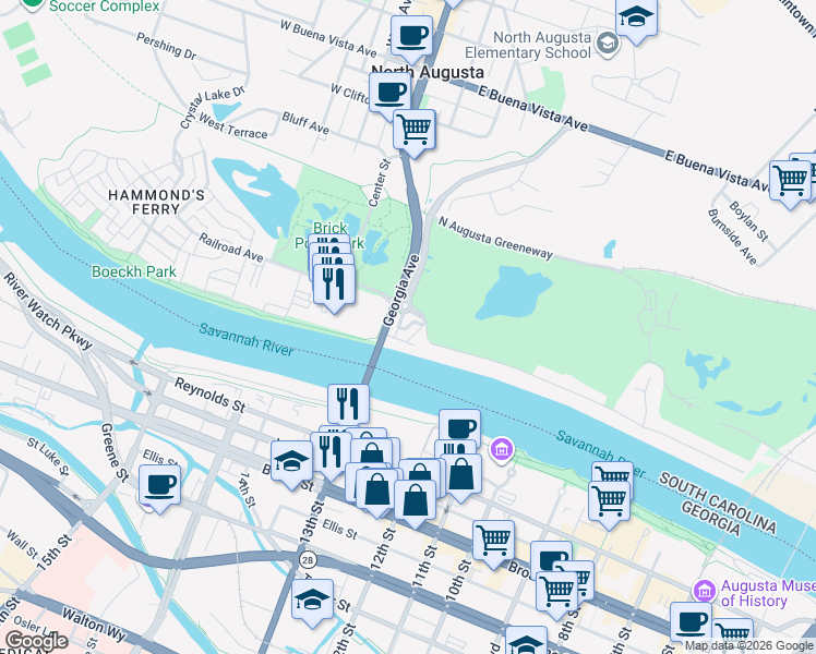 map of restaurants, bars, coffee shops, grocery stores, and more near 426 Landing Drive in North Augusta