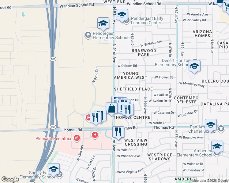 map of restaurants, bars, coffee shops, grocery stores, and more near 3200 North 91st Avenue in Phoenix