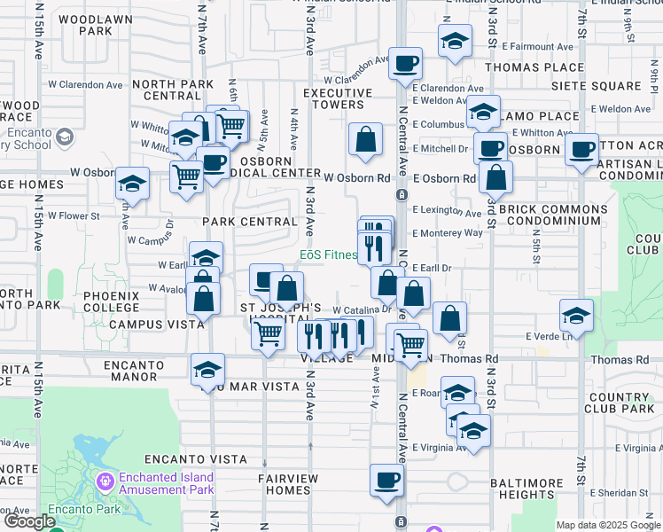 map of restaurants, bars, coffee shops, grocery stores, and more near 150 W Earll Dr in Phoenix