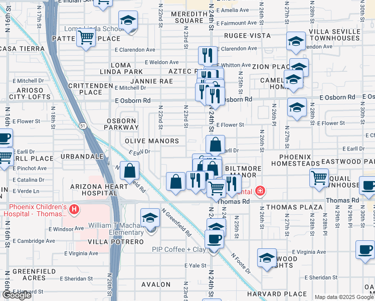map of restaurants, bars, coffee shops, grocery stores, and more near 2302 East Curnow Drive in Phoenix