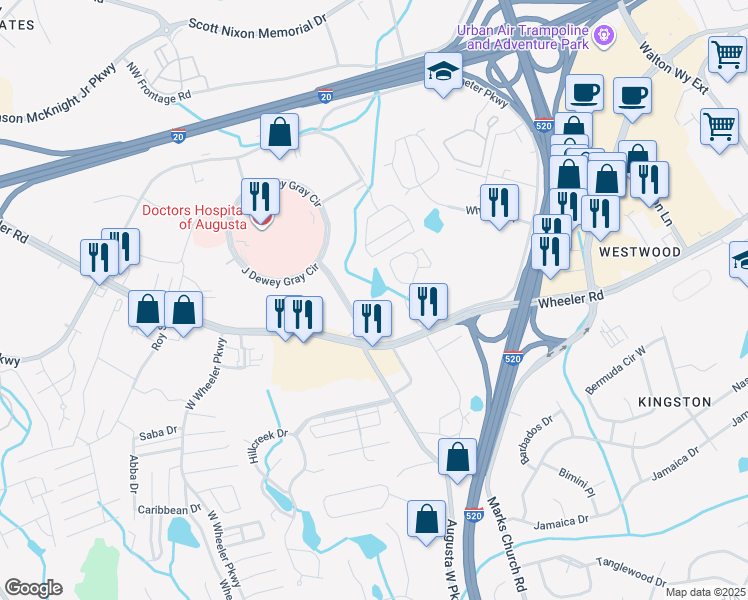 map of restaurants, bars, coffee shops, grocery stores, and more near 1120 Medical Center Drive in Augusta