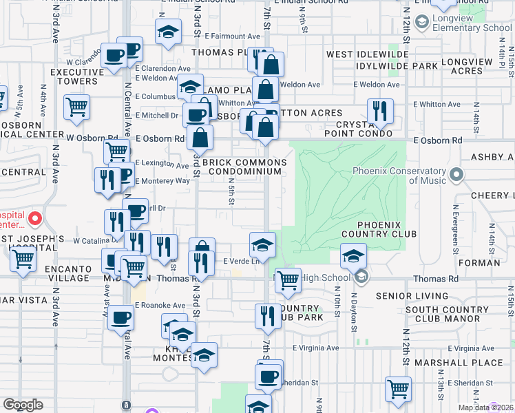 map of restaurants, bars, coffee shops, grocery stores, and more near 550 East Earll Drive in Phoenix