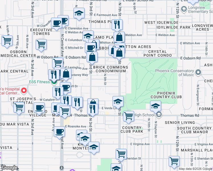 map of restaurants, bars, coffee shops, grocery stores, and more near 515 East Cheery Lynn Road in Phoenix