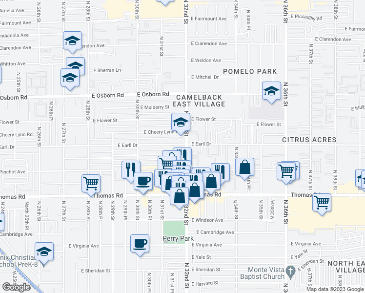 map of restaurants, bars, coffee shops, grocery stores, and more near 3128 East Earll Drive in Phoenix