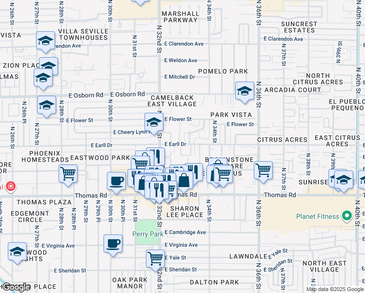 map of restaurants, bars, coffee shops, grocery stores, and more near 3103 North 32nd Way in Phoenix