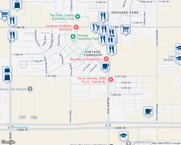 map of restaurants, bars, coffee shops, grocery stores, and more near 12106 Topeka Avenue in Lubbock