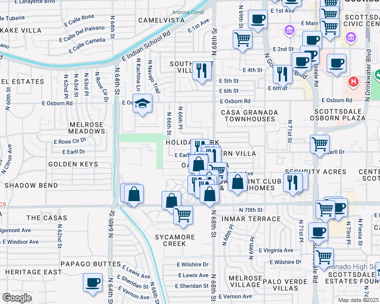 map of restaurants, bars, coffee shops, grocery stores, and more near 6631 East Cheery Lynn Road in Scottsdale