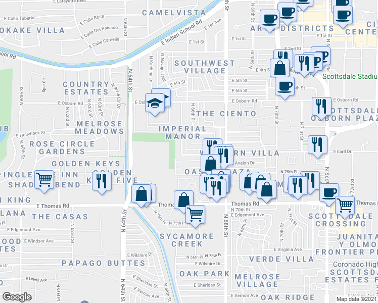 map of restaurants, bars, coffee shops, grocery stores, and more near 6631 East Cheery Lynn Road in Scottsdale