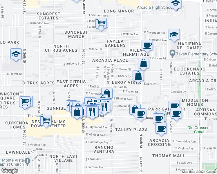 map of restaurants, bars, coffee shops, grocery stores, and more near 3106 North 42nd Street in Phoenix