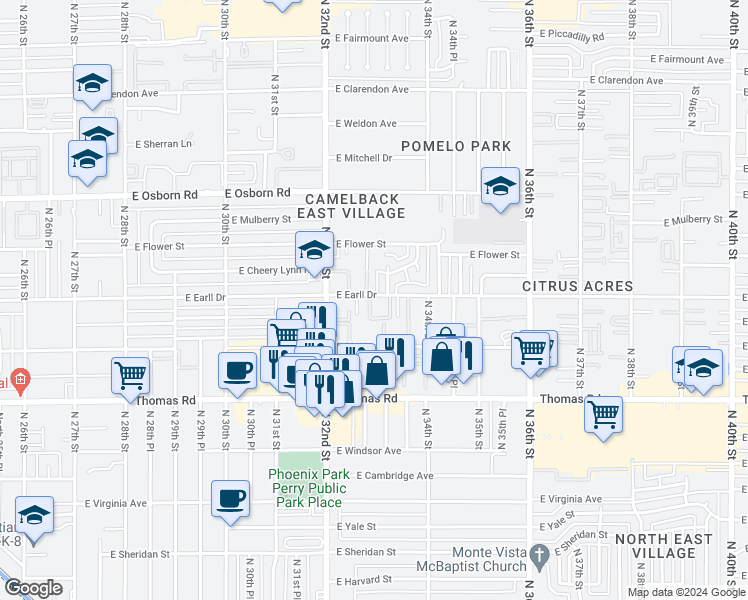 map of restaurants, bars, coffee shops, grocery stores, and more near 3103 North 32nd Way in Phoenix