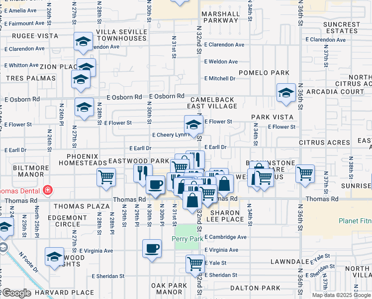 map of restaurants, bars, coffee shops, grocery stores, and more near 3128 East Earll Drive in Phoenix