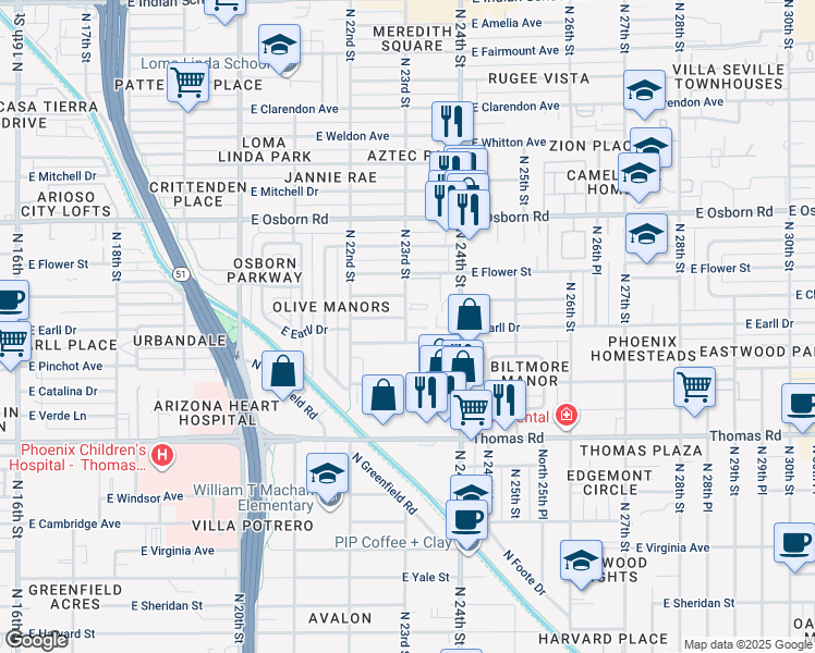 map of restaurants, bars, coffee shops, grocery stores, and more near 3121 North 23rd Street in Phoenix