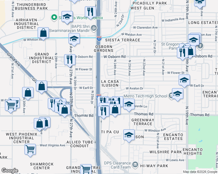 map of restaurants, bars, coffee shops, grocery stores, and more near 3049 North 24th Lane in Phoenix