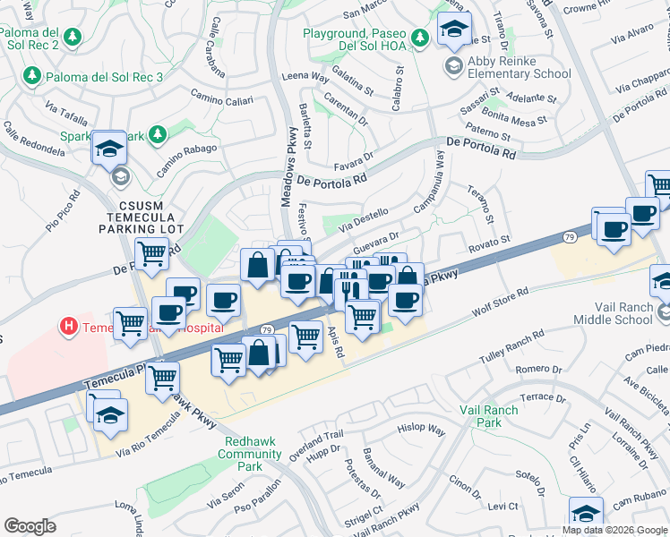 map of restaurants, bars, coffee shops, grocery stores, and more near 32432 Guevara Drive in Temecula