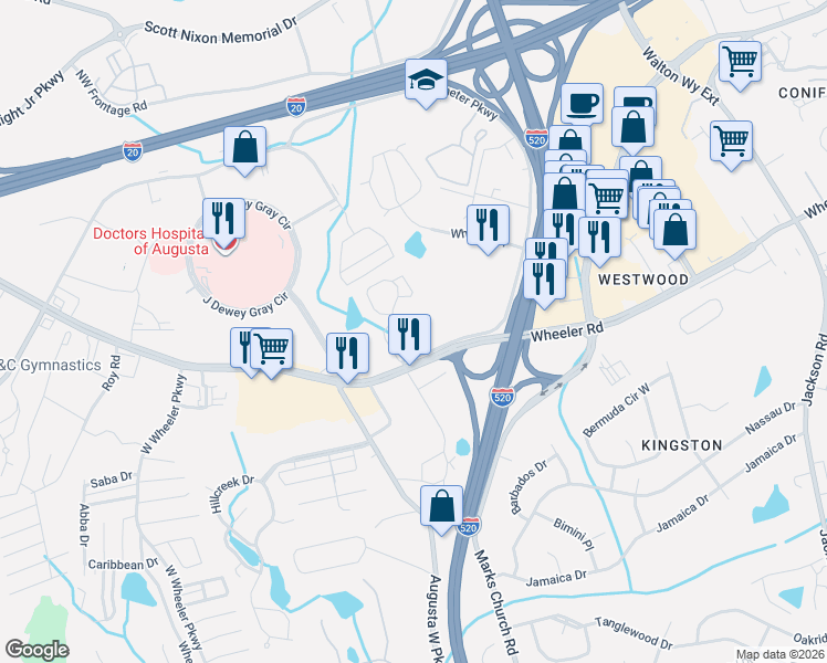 map of restaurants, bars, coffee shops, grocery stores, and more near 3617 Wheeler Rd in Augusta