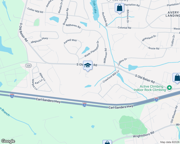 map of restaurants, bars, coffee shops, grocery stores, and more near 447 South Old Belair Road in Grovetown