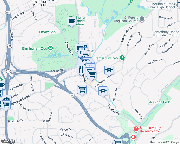 map of restaurants, bars, coffee shops, grocery stores, and more near 2505 Montevallo Road in Birmingham