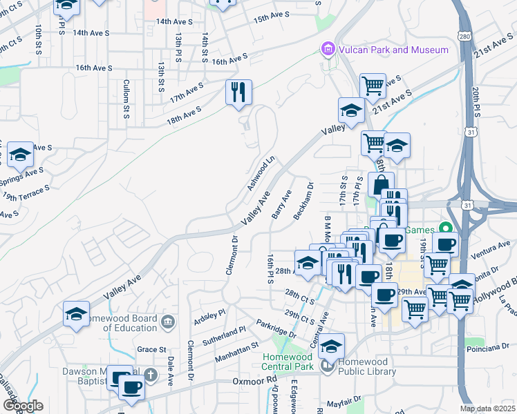 map of restaurants, bars, coffee shops, grocery stores, and more near 1643 Ashwood Lane in Homewood