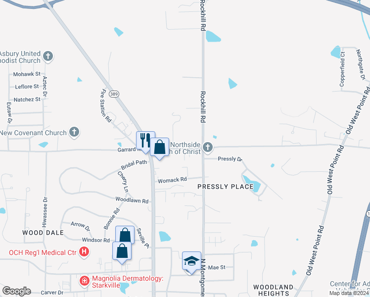 map of restaurants, bars, coffee shops, grocery stores, and more near 115 Garrard Road in Starkville