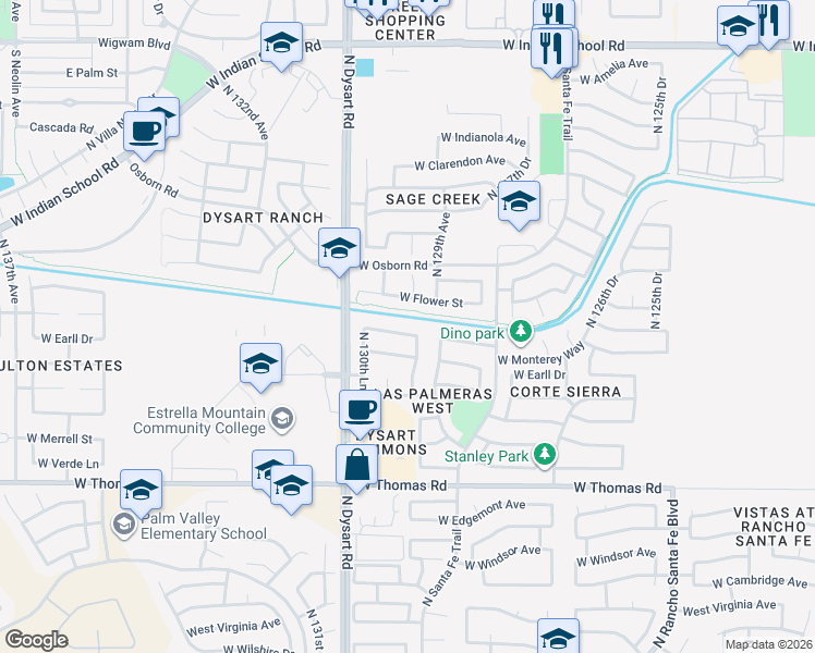 map of restaurants, bars, coffee shops, grocery stores, and more near 12913 West Flower Street in Avondale