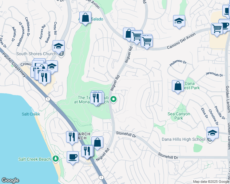 map of restaurants, bars, coffee shops, grocery stores, and more near 11 Wimbledon Court in Dana Point