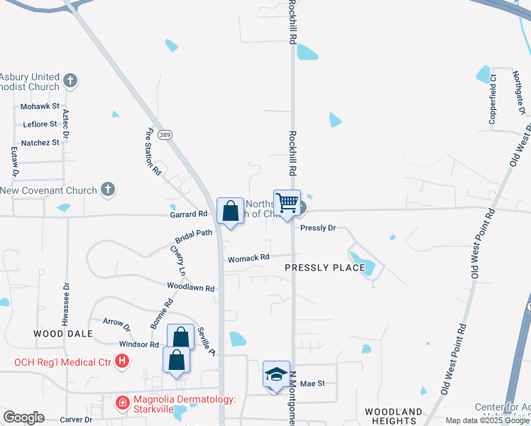 map of restaurants, bars, coffee shops, grocery stores, and more near 115 Garrard Road in Starkville