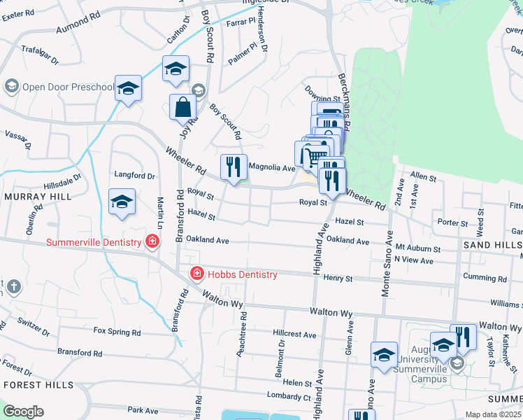 map of restaurants, bars, coffee shops, grocery stores, and more near 2756 Royal Street in Augusta