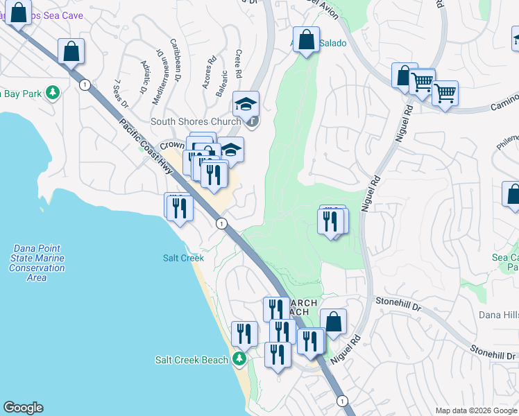 map of restaurants, bars, coffee shops, grocery stores, and more near 32 Via Corsica in Dana Point