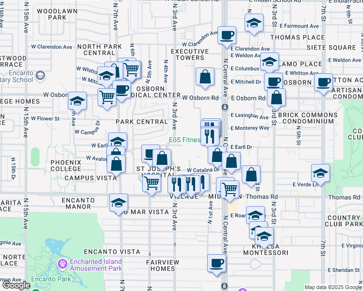 map of restaurants, bars, coffee shops, grocery stores, and more near 150 West Earll Drive in Phoenix