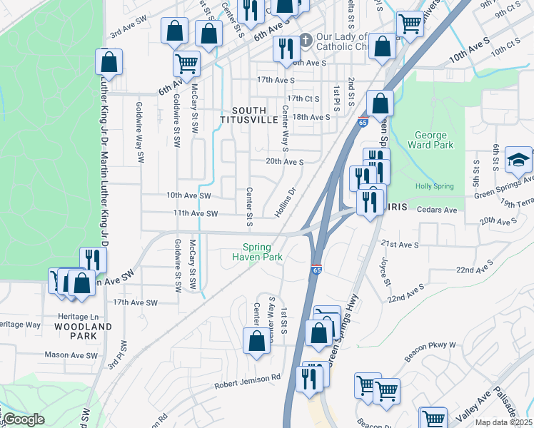 map of restaurants, bars, coffee shops, grocery stores, and more near 2050 Hollins Drive in Birmingham
