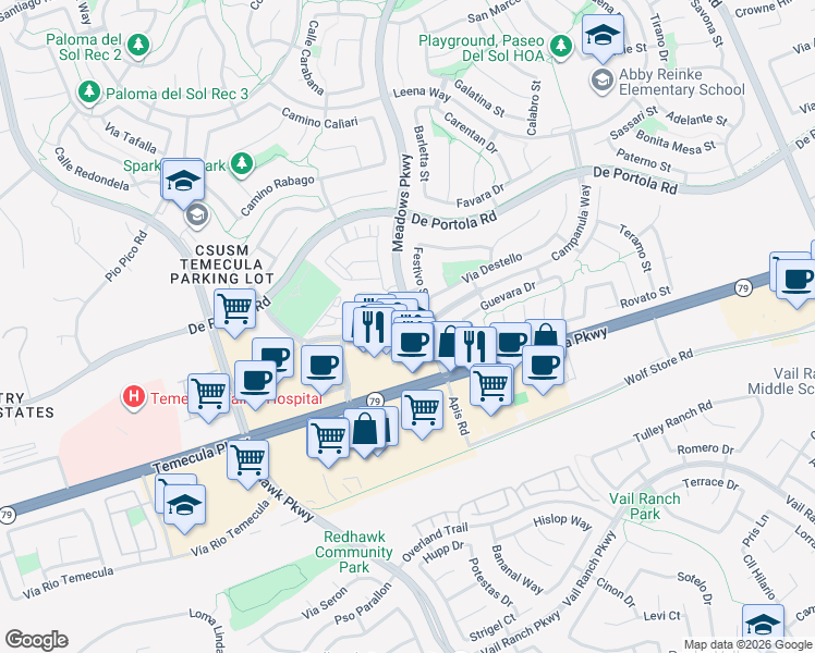 map of restaurants, bars, coffee shops, grocery stores, and more near 32081 Campanula Way in Temecula