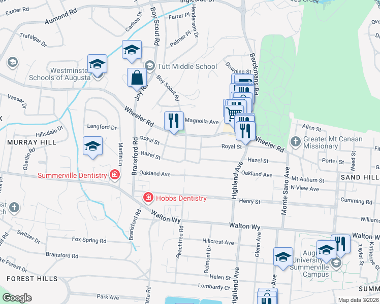 map of restaurants, bars, coffee shops, grocery stores, and more near 2763 Royal Street in Augusta