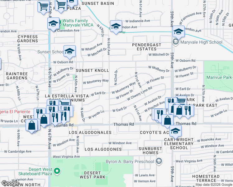 map of restaurants, bars, coffee shops, grocery stores, and more near 6221 West Monterey Way in Phoenix