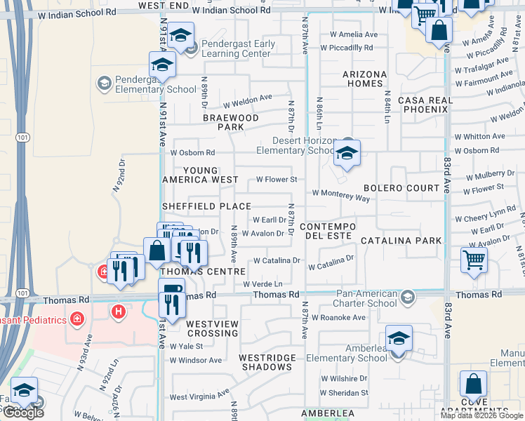 map of restaurants, bars, coffee shops, grocery stores, and more near 8820 West Cheery Lynn Road in Phoenix