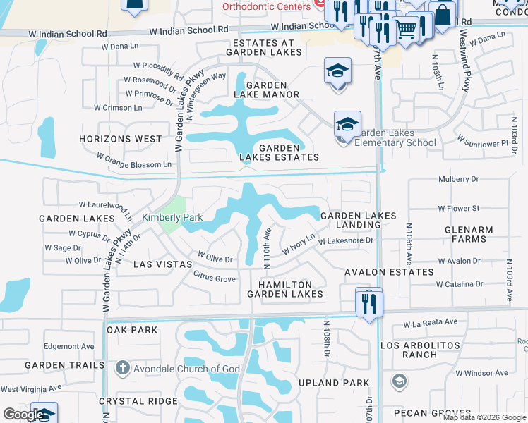 map of restaurants, bars, coffee shops, grocery stores, and more near 11018 West Clover Way in Avondale