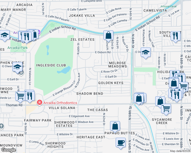 map of restaurants, bars, coffee shops, grocery stores, and more near 6129 East Hollyhock Drive in Phoenix