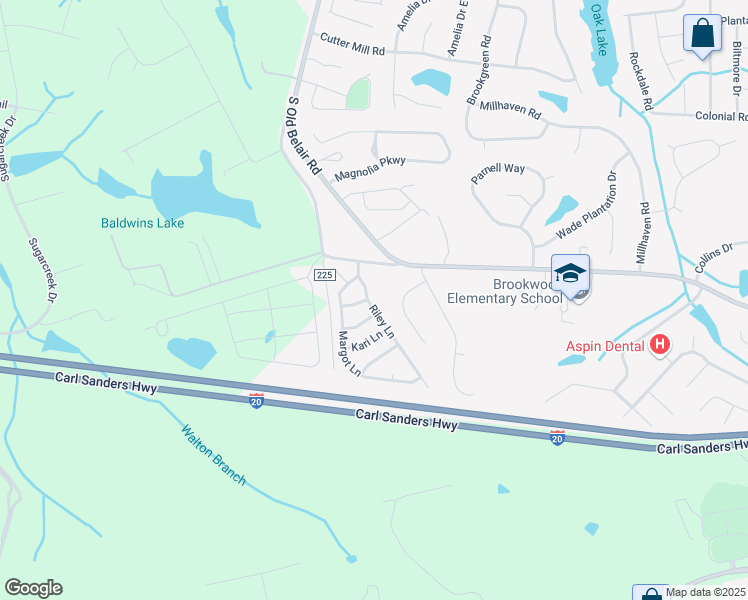 map of restaurants, bars, coffee shops, grocery stores, and more near 414 Riley Lane in Grovetown