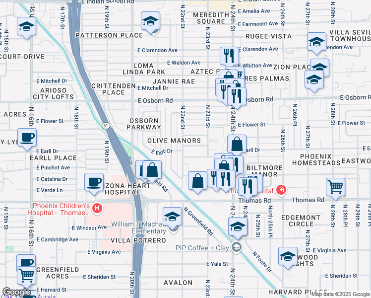 map of restaurants, bars, coffee shops, grocery stores, and more near 3110 North 22nd Street in Phoenix