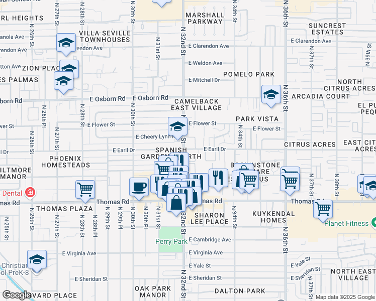 map of restaurants, bars, coffee shops, grocery stores, and more near 3101 North 32nd Street in Phoenix