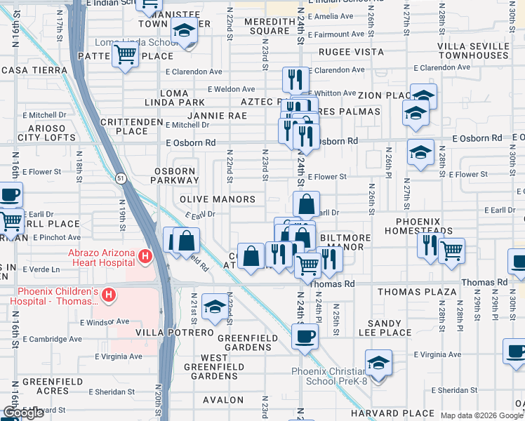 map of restaurants, bars, coffee shops, grocery stores, and more near 3121 North 23rd Street in Phoenix