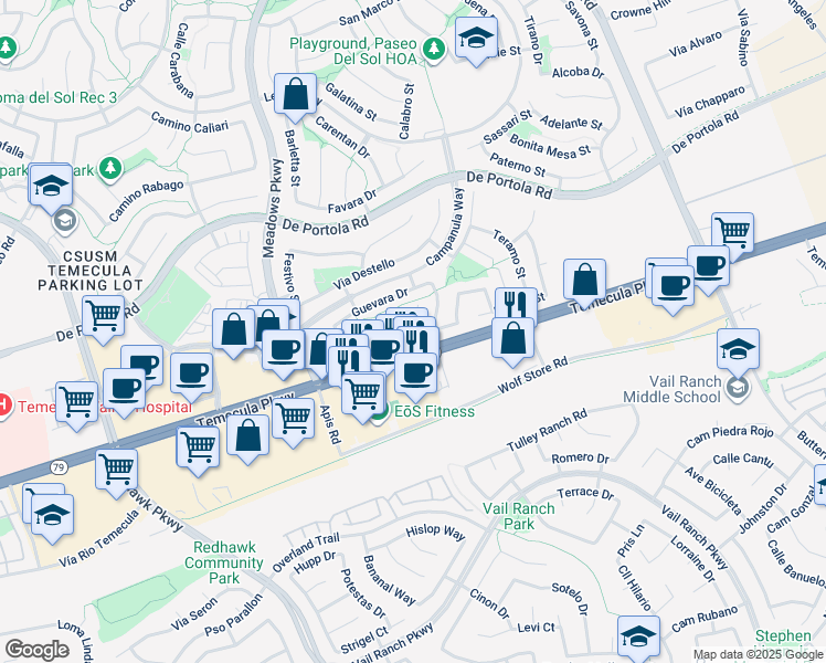 map of restaurants, bars, coffee shops, grocery stores, and more near 43195 Martina Court in Temecula