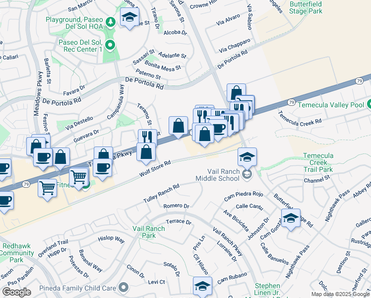 map of restaurants, bars, coffee shops, grocery stores, and more near 32844 Wolf Store Road in Temecula