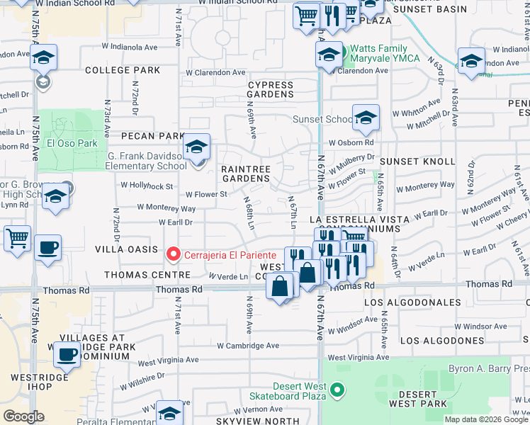 map of restaurants, bars, coffee shops, grocery stores, and more near 3120 North 67th Lane in Phoenix
