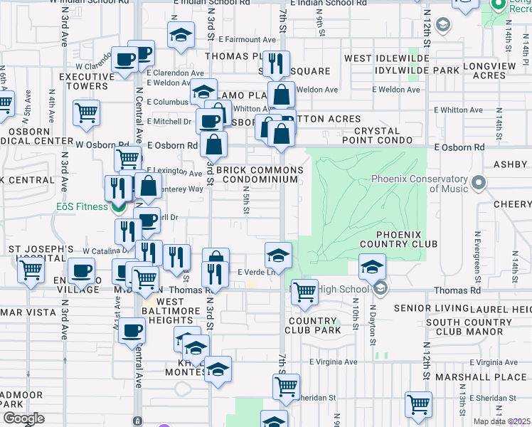 map of restaurants, bars, coffee shops, grocery stores, and more near 550 East Earll Drive in Phoenix