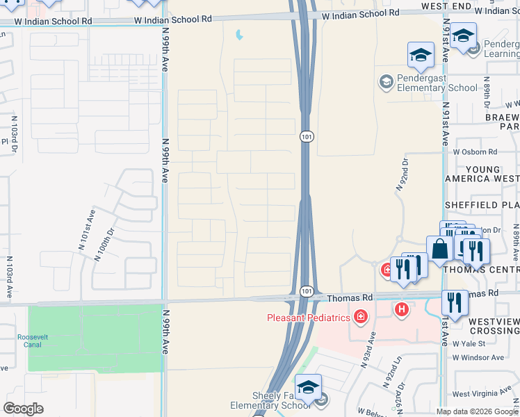 map of restaurants, bars, coffee shops, grocery stores, and more near West Thomas Road in Phoenix
