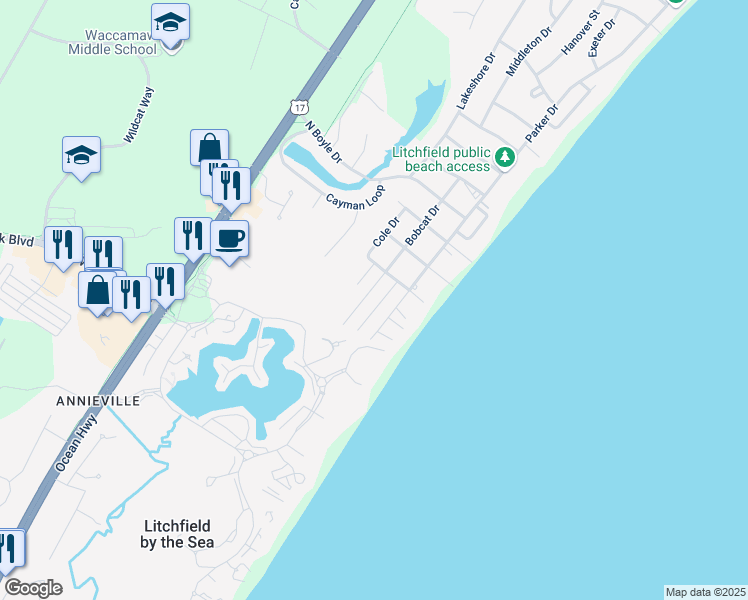 map of restaurants, bars, coffee shops, grocery stores, and more near 82 Bobcat Drive in Pawleys Island